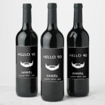 Etiqueta Para Botella De Vino 90th birthday party beard black white men<br><div class="desc">A modern wine bottle label for a 90th birthday party for guys in black and white.  With the text: Hello 90. With an image of a beard. Templates for a name and date. Black background color.</div>