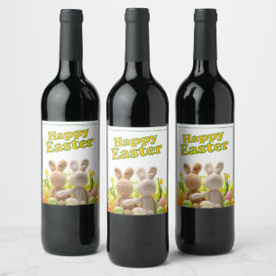 Etiqueta Para Botella De Vino Abrazando conejitos - Feliz Pascua