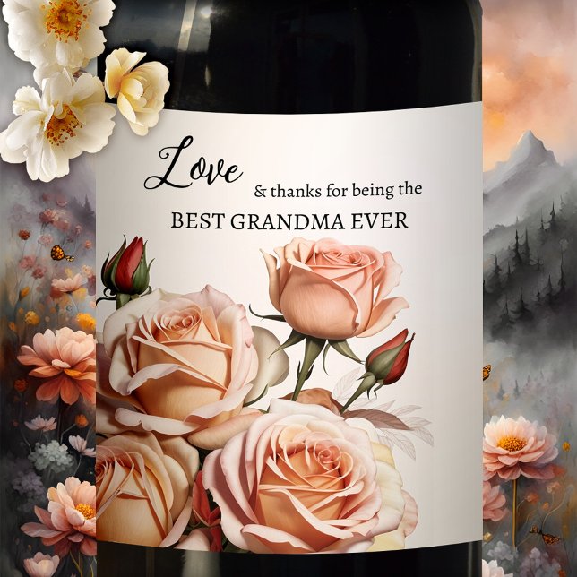 Etiqueta Para Botella De Vino Abuela Rosa (Wine label featuring pink peach roses. Nice for mom or grandma, for a birthday or Mother's Day)