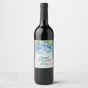 Etiqueta Para Botella De Vino Acuarela Azul Hidrangea 80 cumpleaños