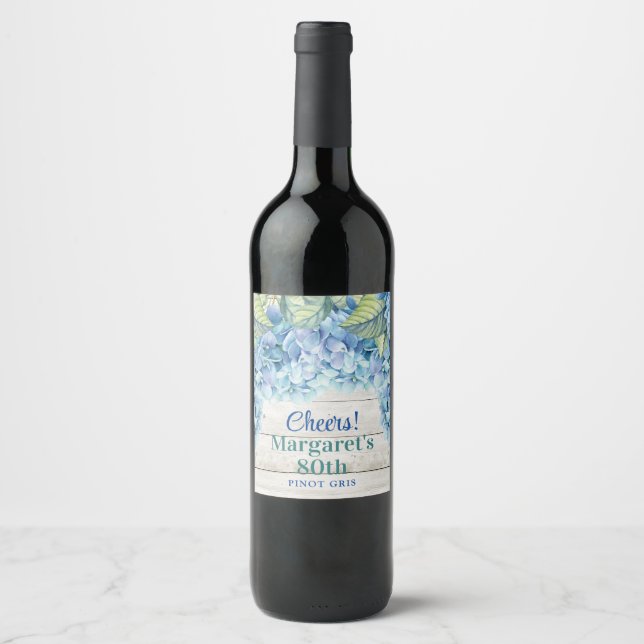 Etiqueta Para Botella De Vino Acuarela Azul Hidrangea 80 cumpleaños (Anverso)