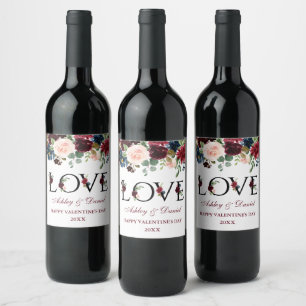 Etiqueta Para Botella De Vino Acuarela Borgoña Mezcla Floral Amor de San Valentí
