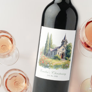 Etiqueta Para Botella De Vino Acuarela Campiña Iglesia Bautismo Cristianismo