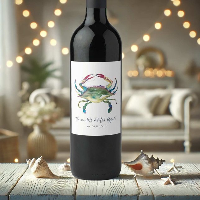 Etiqueta Para Botella De Vino Acuarela De Cangrejo Azul Costero (Wedding wine label watercolor Maryland crab art by Victoria Grigaliunas Do Tell A Belle)