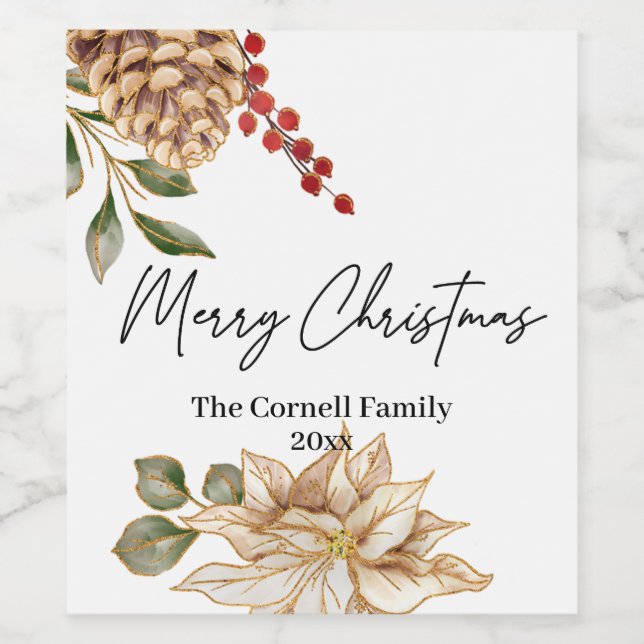 Etiqueta Para Botella De Vino Acuarela de flores navidades (Etiqueta única)