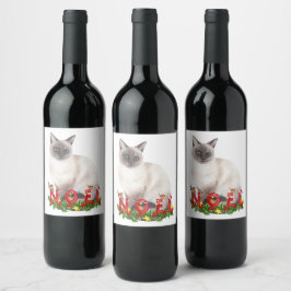 Etiqueta Para Botella De Vino Acuarela de gato siamesa para navidades