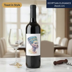 Etiqueta Para Botella De Vino Acuarela de la reina Nefertiti – Arte egipcio 