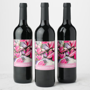 Etiqueta Para Botella De Vino Acuarela de magnolia rosa