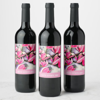 Etiqueta Para Botella De Vino Acuarela de magnolia rosa