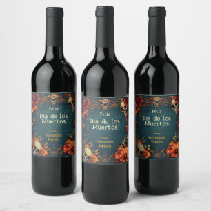 Etiqueta Para Botella De Vino 💀 🎉 acuarela estilo Día de Muertos Fiesta