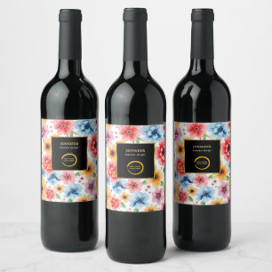 Etiqueta Para Botella De Vino Acuarela floral oro negro add logo profesional