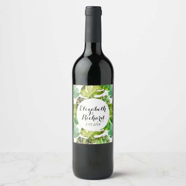 Etiqueta Para Botella De Vino Acuarela Hojas tropicales monograma boda (Anverso)