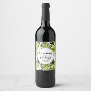 Etiqueta Para Botella De Vino Acuarela Hojas tropicales monograma boda