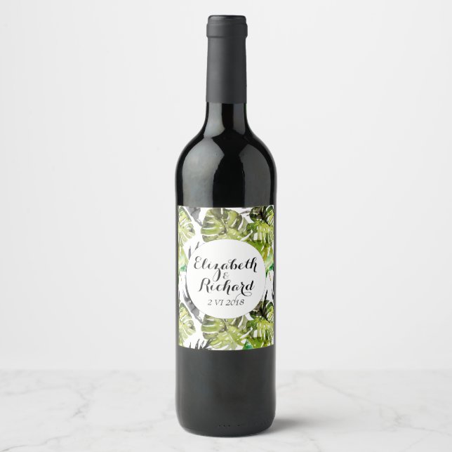 Etiqueta Para Botella De Vino Acuarela Hojas tropicales monograma boda (Anverso)