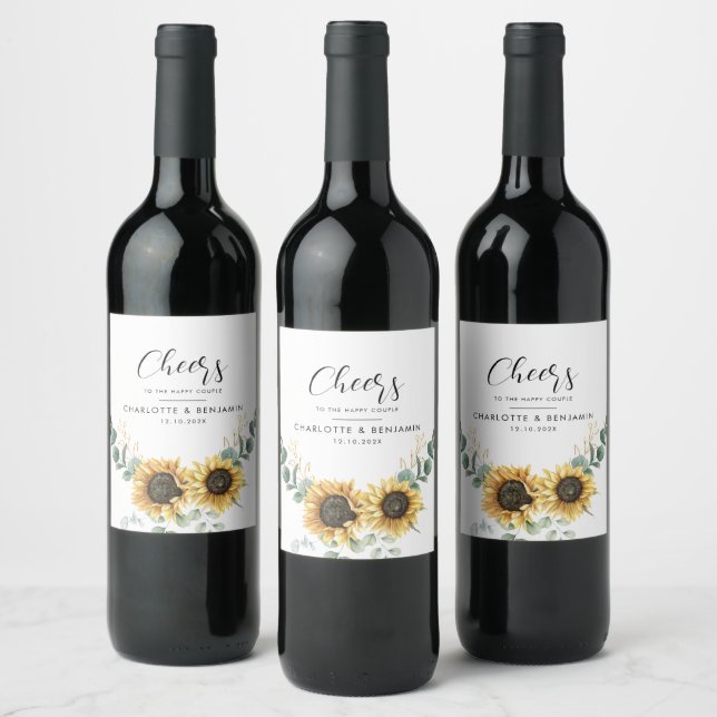 Etiqueta Para Botella De Vino Acuarela moderna Sunflower Eucalyptus Boda (Botellas)