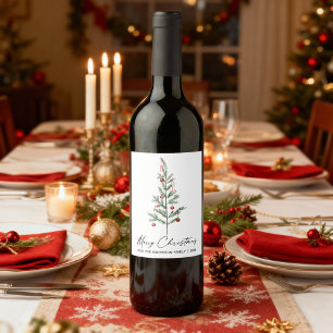 Etiqueta Para Botella De Vino Acuarela Pino Caligrafía Tinta Navidad