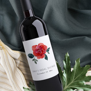 Etiqueta Para Botella De Vino Acuarela rosa floral rojo bridal shower