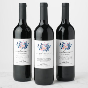 Etiqueta Para Botella De Vino Acuarela rústica de un ramo floral rosa y azul