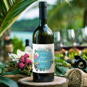 Etiqueta Para Botella De Vino Acuarela Tropical con Toucan Boda ID577 Verde azul