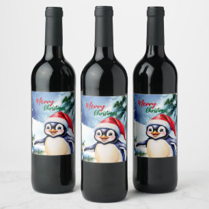 Etiqueta Para Botella De Vino adorable pingüino blanco de invierno de Feliz Navi