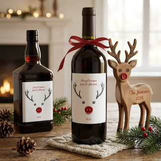 Etiqueta Para Botella De Vino Adorable Reno Ciervo Botón Rojo Nariz Navidad Vino