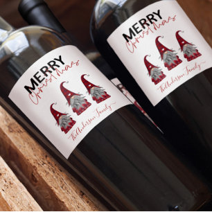 Etiqueta Para Botella De Vino Adorables Gnomos Navideños Rústicos con Apellido d