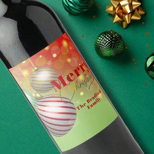 Etiqueta Para Botella De Vino Adornos Navideños de Rayas Festivas Rojo Verde Dor