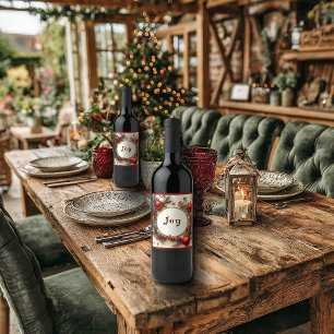 Etiqueta Para Botella De Vino Adornos Rojo Navidad Bayas Dorado Brillante
