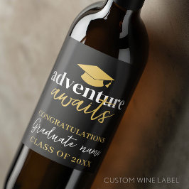 Etiqueta Para Botella De Vino Adventure Awaits - Name Cap Black Gold Graduation