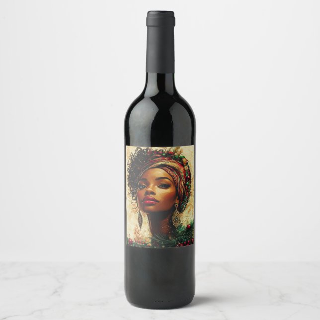 Etiqueta Para Botella De Vino Afrocentric Christmas Queen (Anverso)