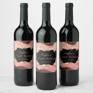 Etiqueta Para Botella De Vino Agata de lentejuelas negras y rosadas Cumpleaños D