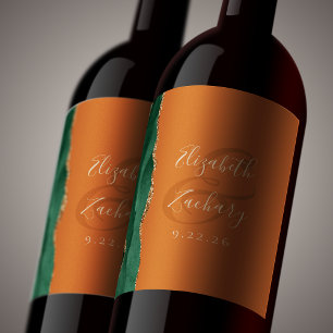 Etiqueta Para Botella De Vino Ágata Verde Esmeralda Dorado Naranja Quemada Boda