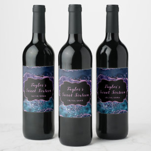 Etiqueta Para Botella De Vino Agato marino azul y morado dulce dieciséis