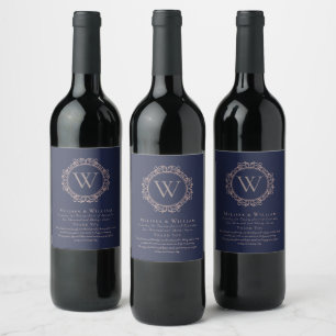 Etiqueta Para Botella De Vino Agradecer Monograma Boda Azul Marino Cobre Rubor
