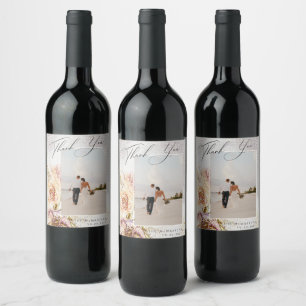 Etiqueta Para Botella De Vino Agradecimiento de Boda en Lienzo con Flores Pintad
