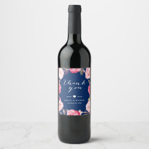 Etiqueta Para Botella De Vino Agradecimiento floral rosa azul marino romántico