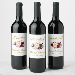 Etiqueta Para Botella De Vino Agua Burgundy Floral Gold Bridal Ducha