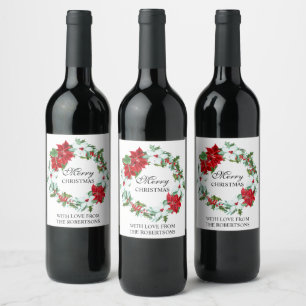 Etiqueta Para Botella De Vino Aguamarina de acebo   Corona de Navidad de Poinset