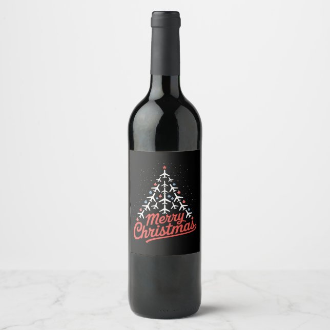 Etiqueta Para Botella De Vino Airplane Christmas Tree Pilot (Anverso)