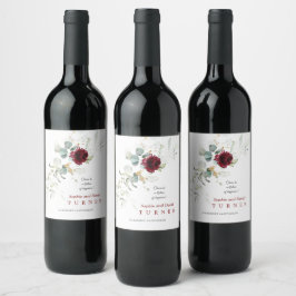 Etiqueta Para Botella De Vino Airy Greenery Burgundy Floral Gold Boda