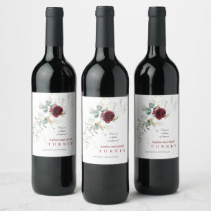 Etiqueta Para Botella De Vino Airy Greenery Burgundy Floral Gold Boda