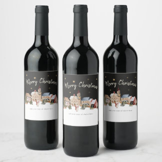 Etiqueta Para Botella De Vino Aldea Nevada Festiva Aguarela Navidad Vino