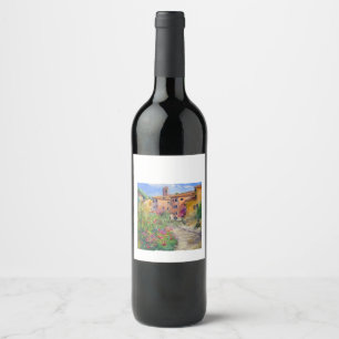 Etiqueta Para Botella De Vino Aldea toscana con flores