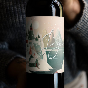 Etiqueta Para Botella De Vino Alegría. Navidades paisaje montañoso de invierno