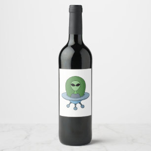 Etiqueta Para Botella De Vino Alien en su pequeña nave espacial