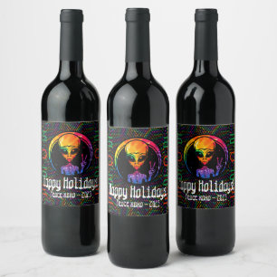 Etiqueta Para Botella De Vino Alien Peace Tie Dye Space Food and Wine Labs