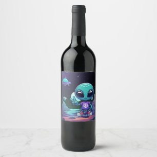 Etiqueta Para Botella De Vino Alien y barco espacial por la paz