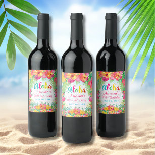 Etiqueta Para Botella De Vino Aloha Luau Tropical Flamingo Cumpleaños