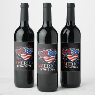 Etiqueta Para Botella De Vino América Corazones 1776-2026 Patriótico