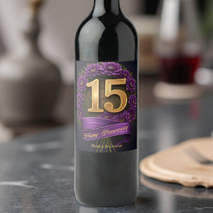 Etiqueta Para Botella De Vino Amethyst Chrysanthemum 15° Aniversario Boda